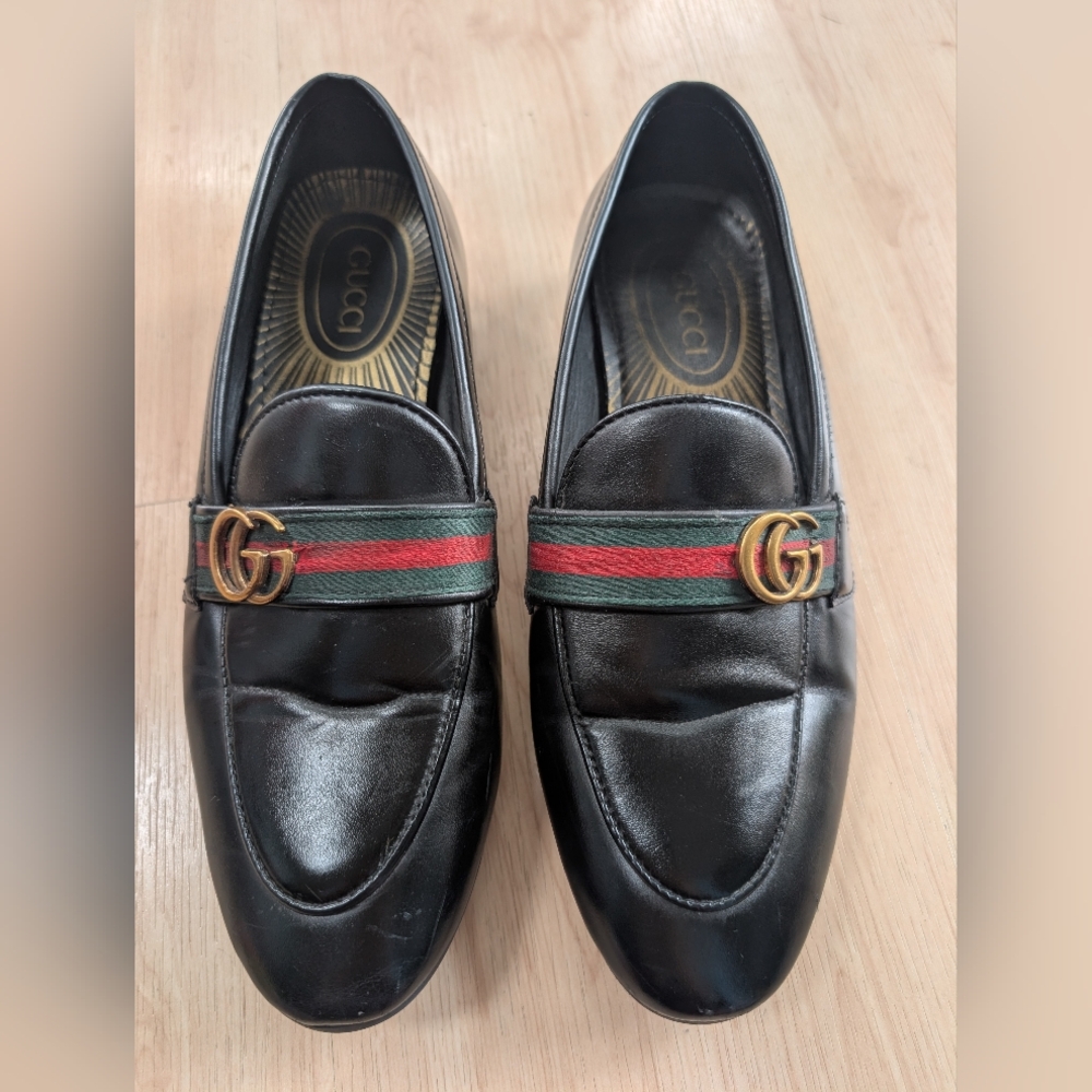 Black Leather Loafers with Gold Accent
